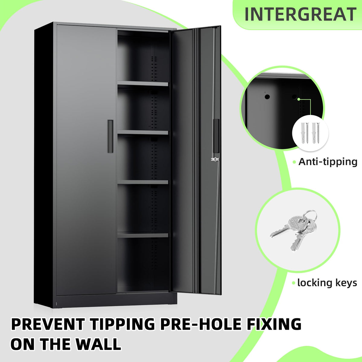 Black 72" Locking Steel Storage Cabinet with 4 Adjustable Shelves W720983
