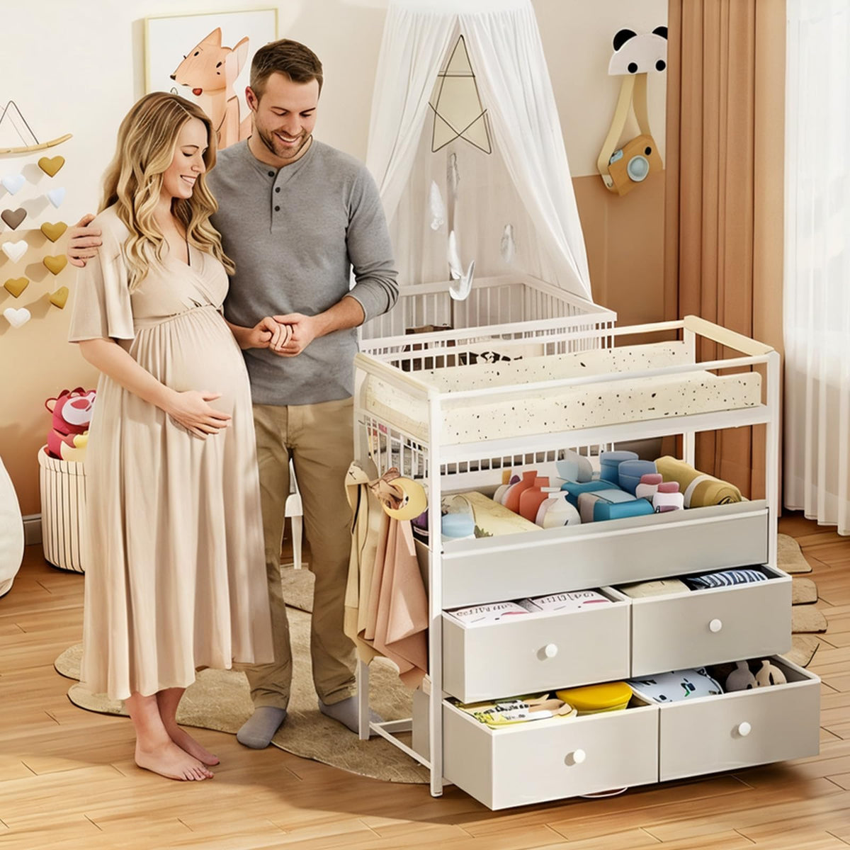 Baby Diaper Changing Table Dresser with Safety Bumper and 4 Drawer J198