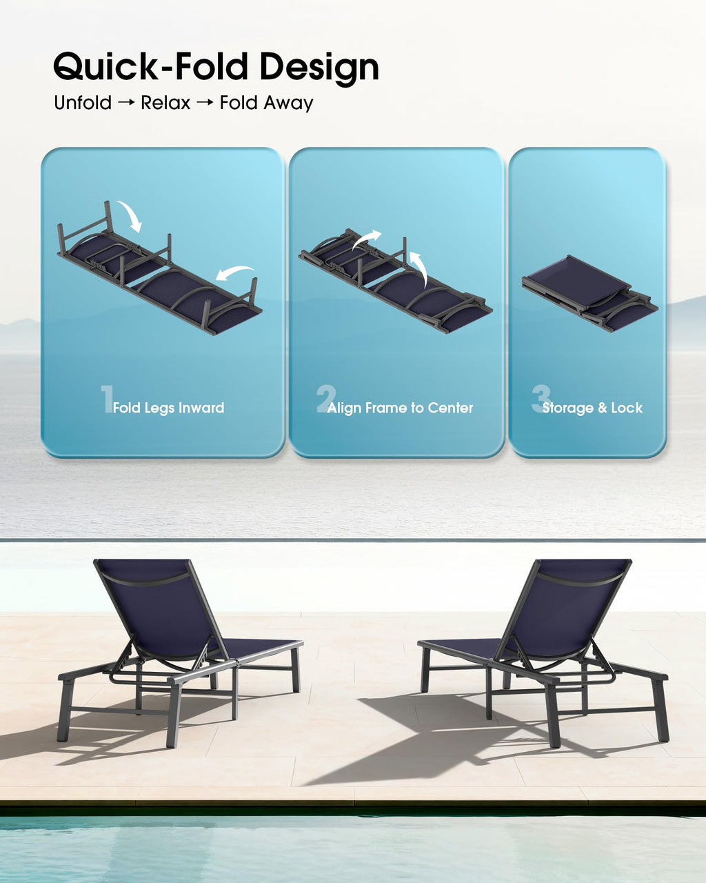Foldable Aluminum Outdoor Lounge Chair Set of 2 Navy Blue M234247