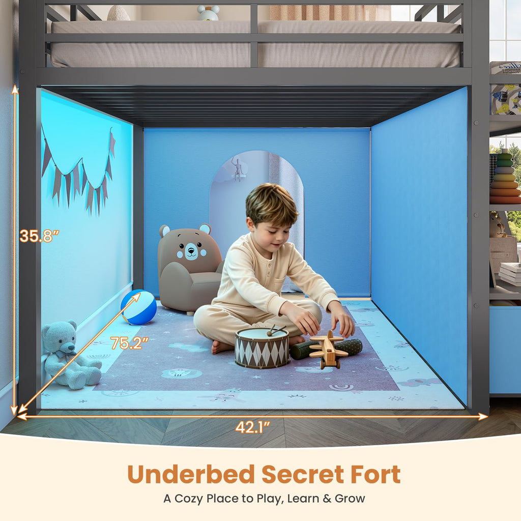 Twin Size Grey Low Loft Bed with 5 Drawers Z315