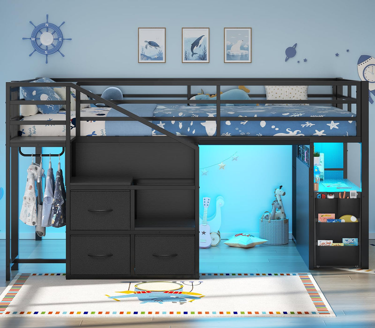 Twin Low Loft Bed with Stairs, Desk, 6 Storage Drawers, Black G724