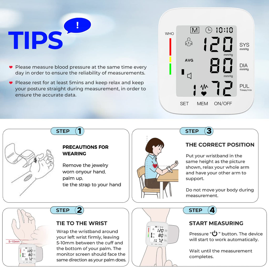 Wrist Blood Pressure Monitor Large LCD Display Adjustable Cuff 99x2 Sets Memory with Carrying Case White Pack of 5 K87007