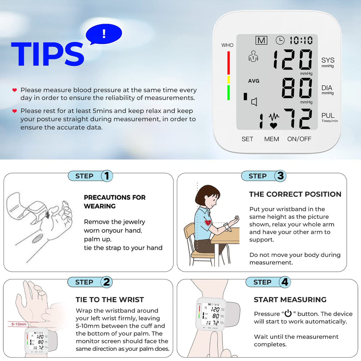Wrist Blood Pressure Monitor Large LCD Display Adjustable Cuff 99x2 Sets Memory with Carrying Case White Pack of 5 K87007