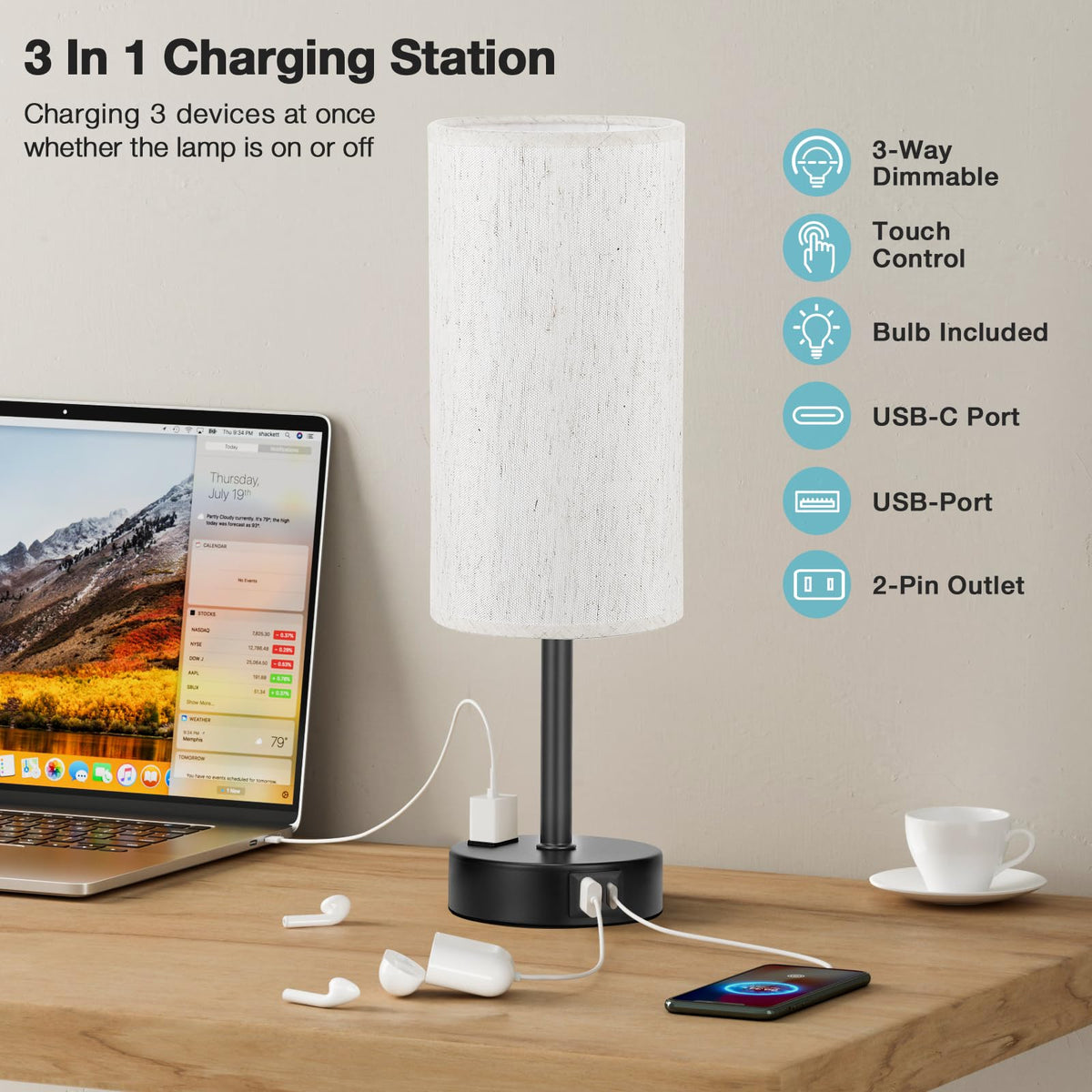 Turquoise Dimmable Touch Bedside Table Lamp H650