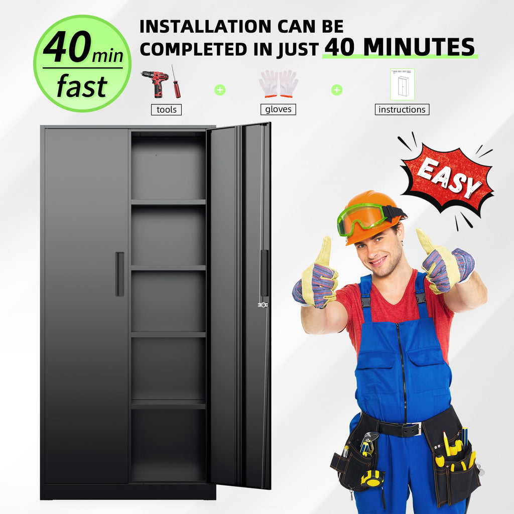 Black 72" Locking Steel Storage Cabinet with 4 Adjustable Shelves W720983