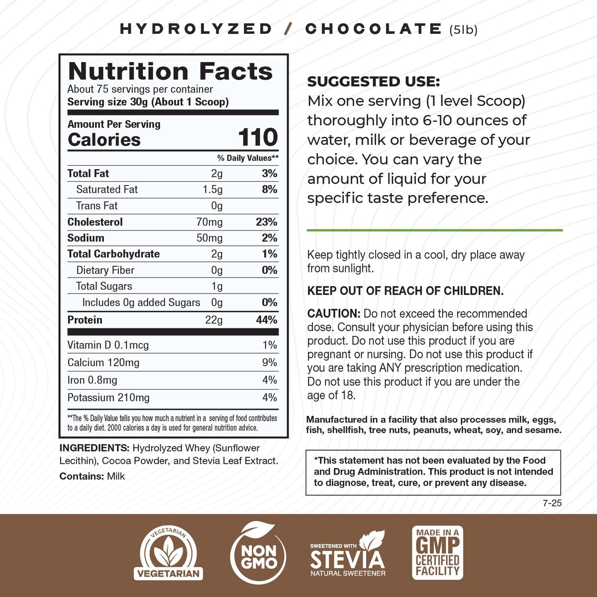 Grass Fed Hydrolyzed Whey Protein Powder, Chocolate (5lb) D8171