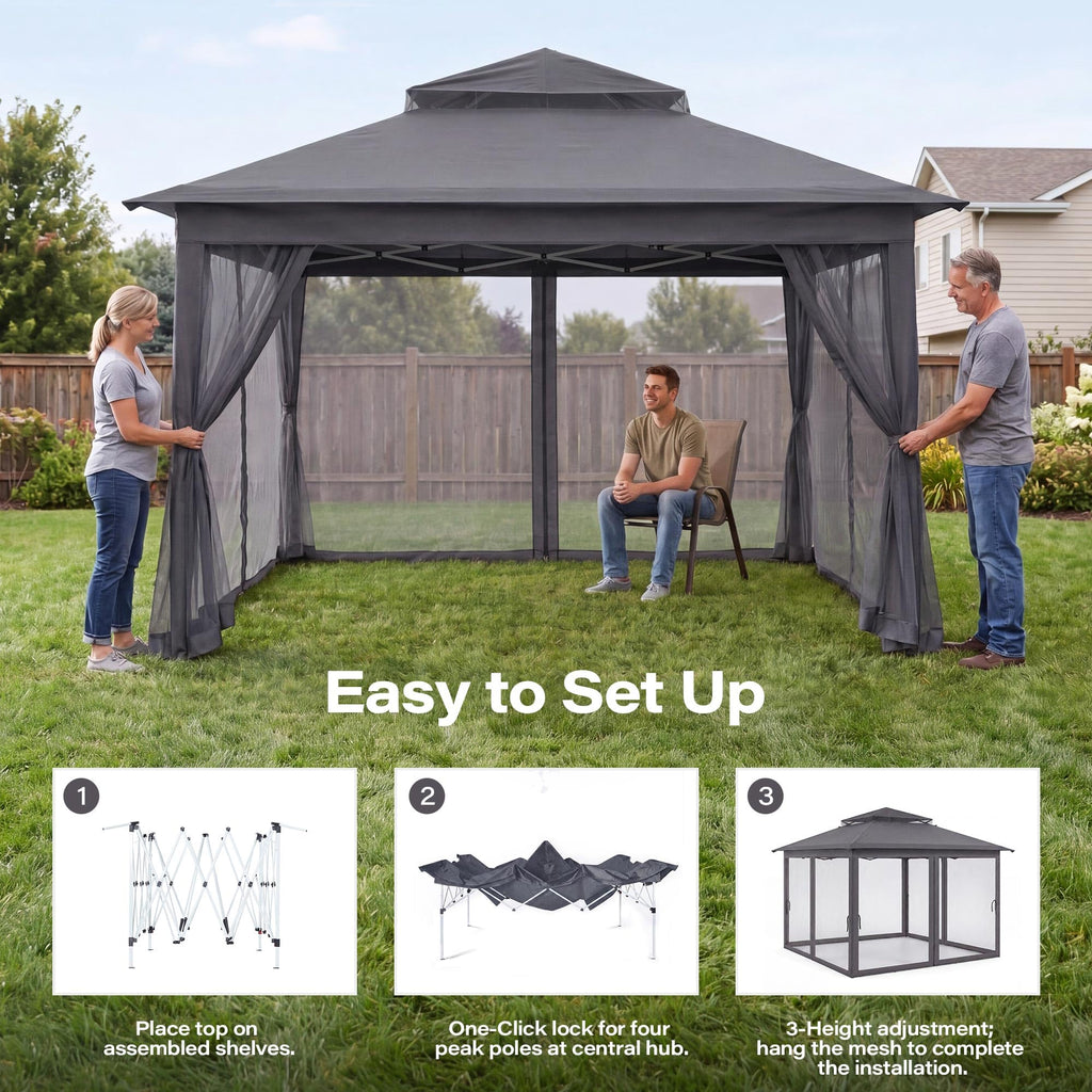 12x12 Pop Up Gazebo with Mosquito Netting and Sidewalls Grey X884305