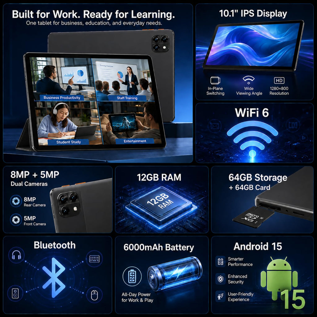 Android 15 Tablet, Octa-core 12GB RAM + 64GB + 64GB Card W63028