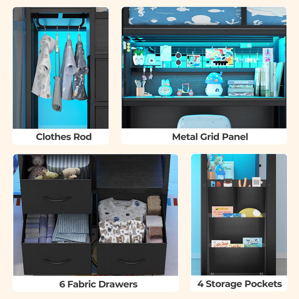 Twin Low Loft Bed with Stairs, Desk, 6 Storage Drawers, Black G724