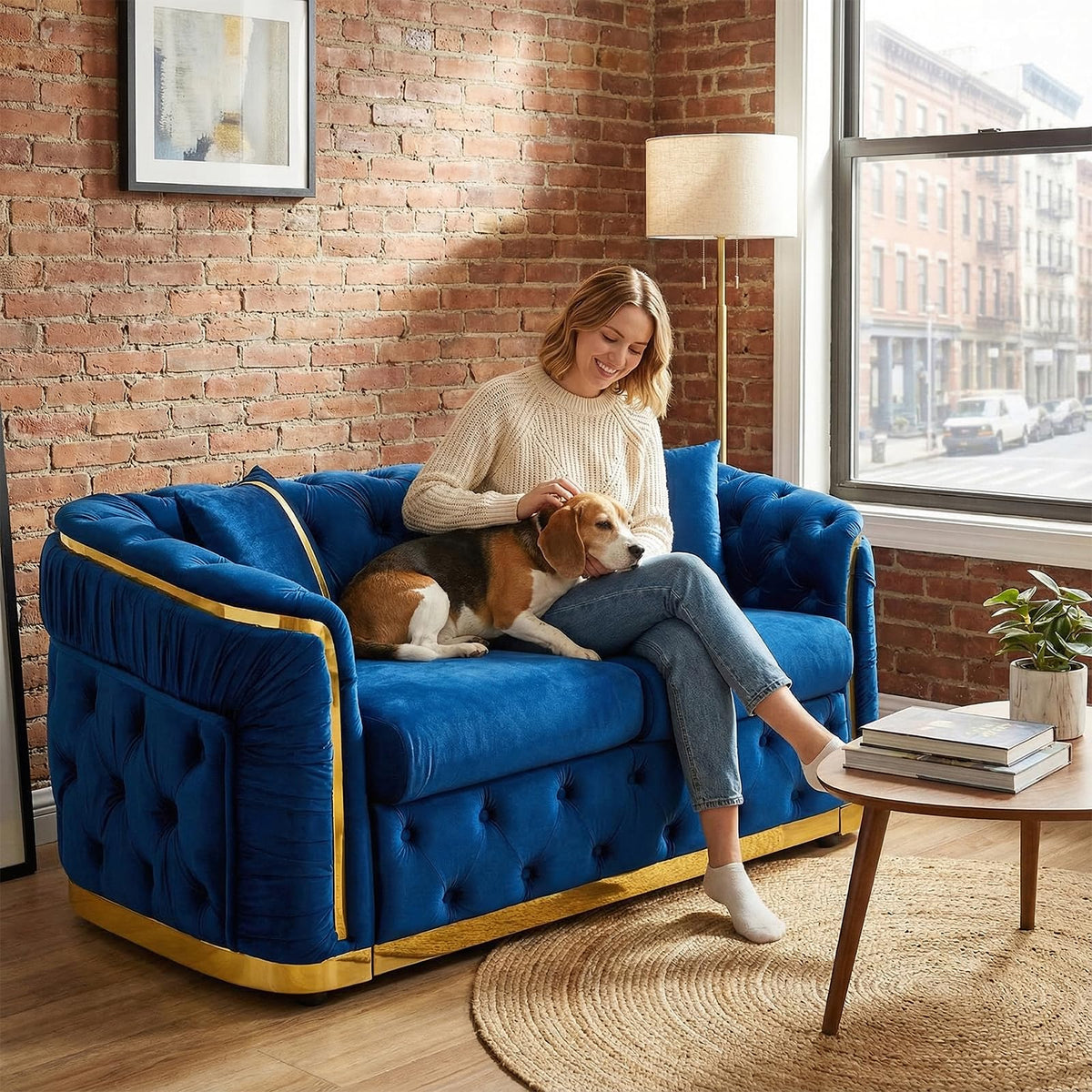 Blue and Gold Velvet Button Tufted Loveseat Sofa T813
