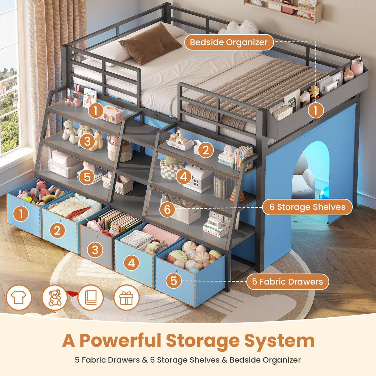 Twin Size Grey Low Loft Bed with 5 Drawers Z315