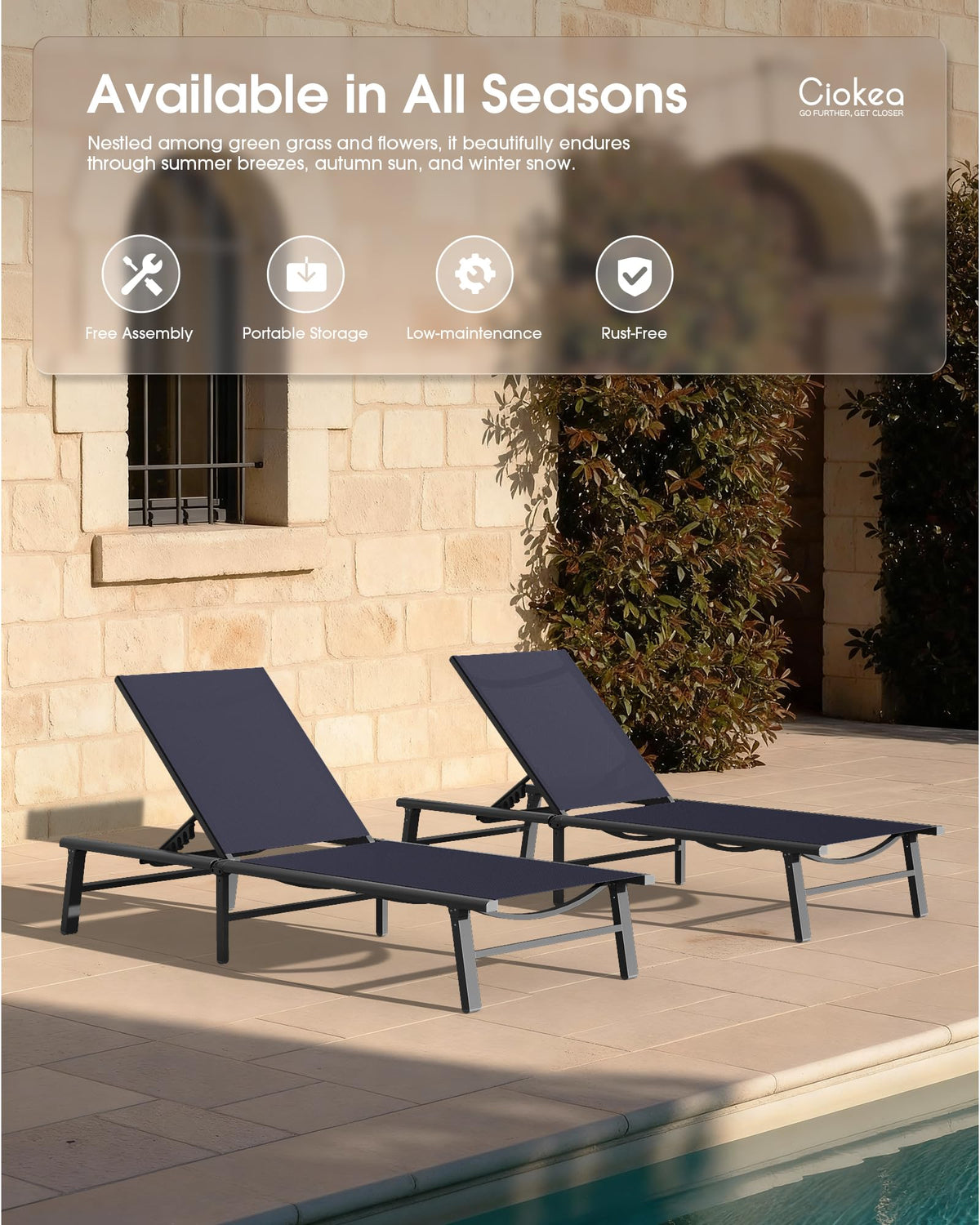 Foldable Aluminum Outdoor Lounge Chair Set of 2 Navy Blue M234247