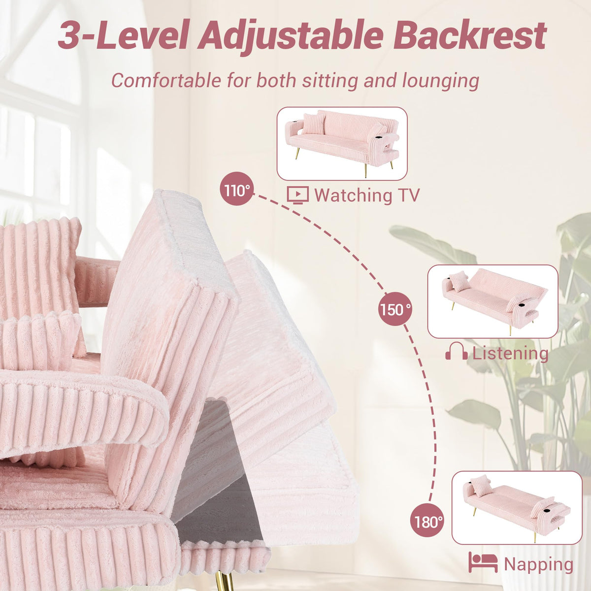 74" Pink Corduroy Convertible Sofa Bed with Cup Holder W596822