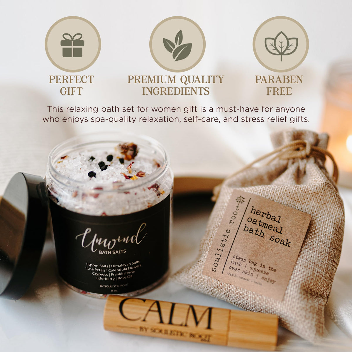Bath Gift Set with Essential Oil Roller, Bath Salts & Oatmeal Bath Soak F49145