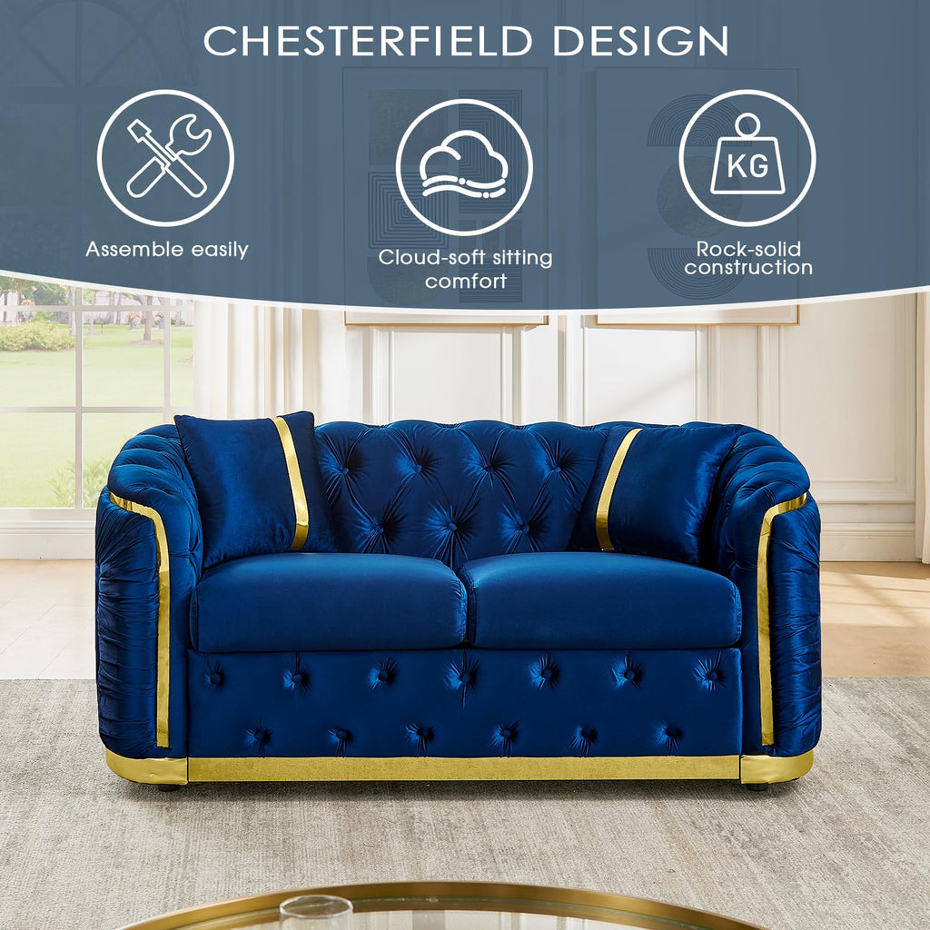 Blue and Gold Velvet Button Tufted Loveseat Sofa T813