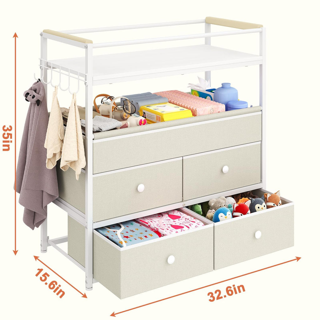 Baby Diaper Changing Table Dresser with Safety Bumper and 4 Drawer J198