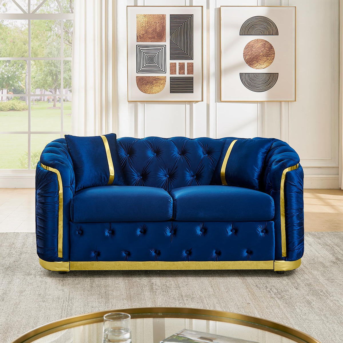 Blue and Gold Velvet Button Tufted Loveseat Sofa T813