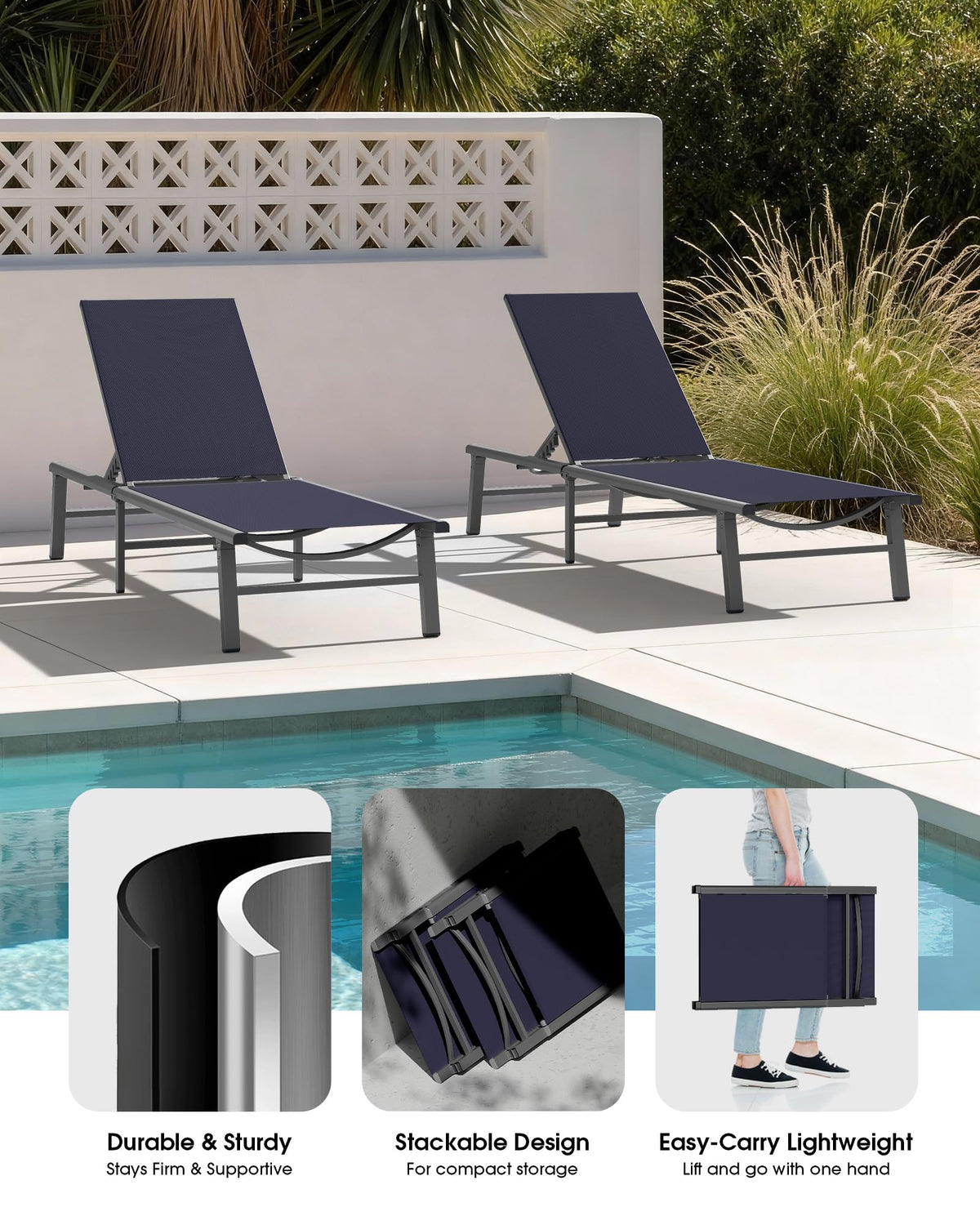 Foldable Aluminum Outdoor Lounge Chair Set of 2 Navy Blue M234247