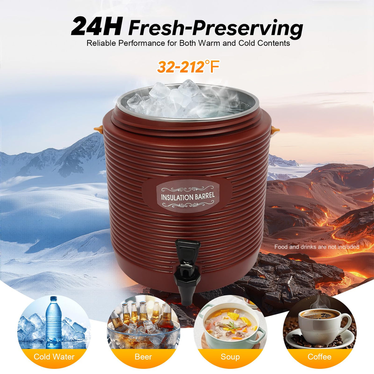 Insulated Beverage Dispenser 3.43gal Stainless Steel Portable Water Jug Y2324