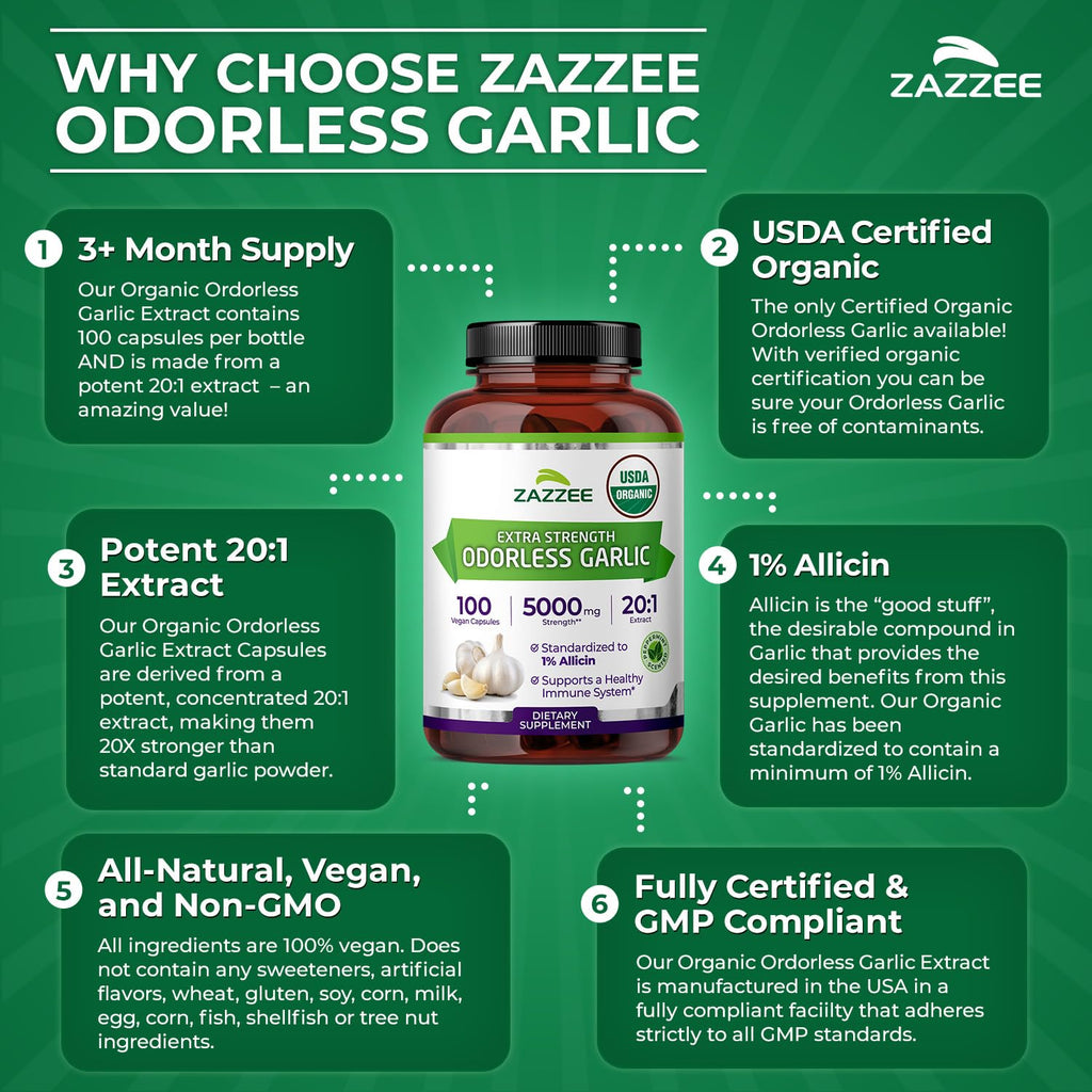 USDA Organic Odorless Garlic 20:1 Extract 100 Capsules R818377
