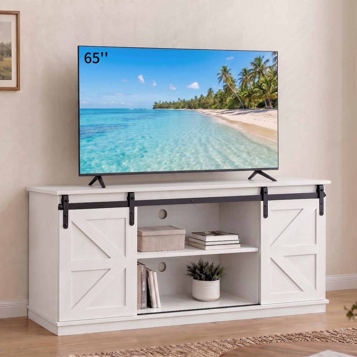 White TV Stand with Sliding Barn Doors J516