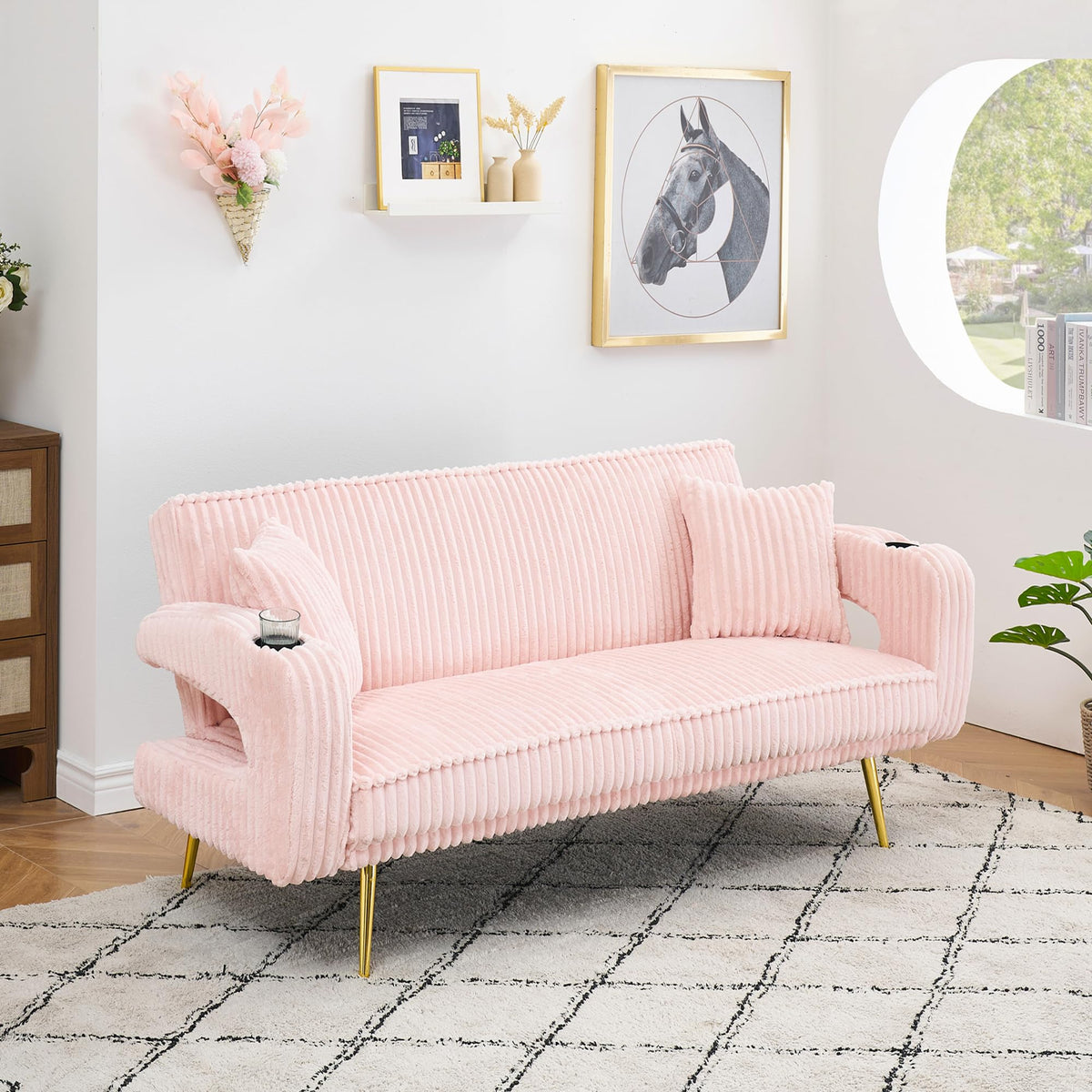 74" Pink Corduroy Convertible Sofa Bed with Cup Holder W596822