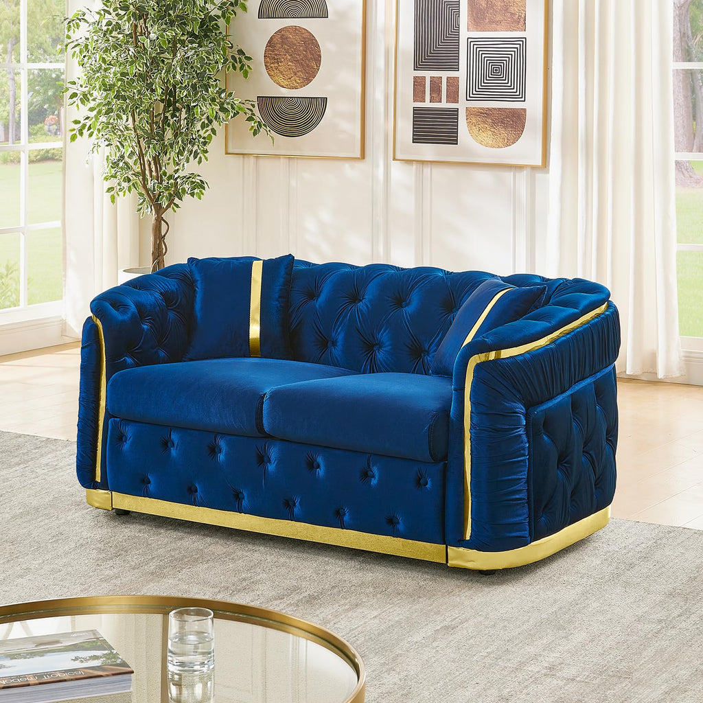 Blue and Gold Velvet Button Tufted Loveseat Sofa T813