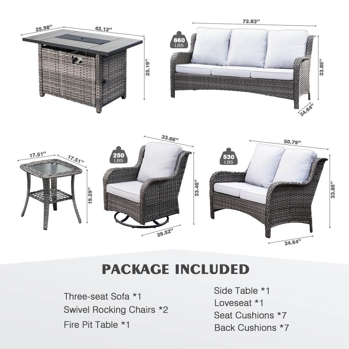 6 Piece Wicker Patio Furniture Set with Fire Pit Table Q42233