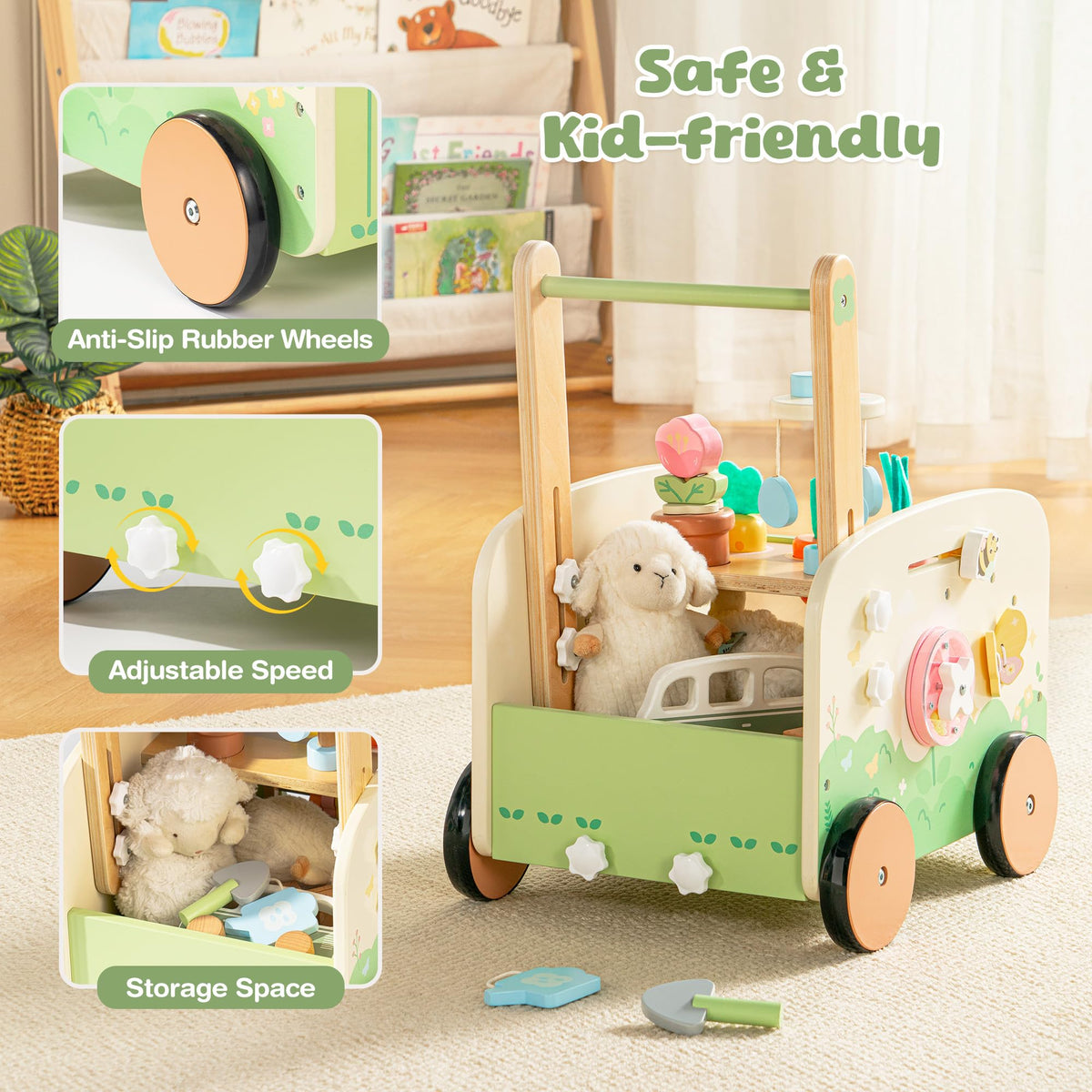 Wooden Baby Walker, 10-in-1 Activity Center Toys, Green M204