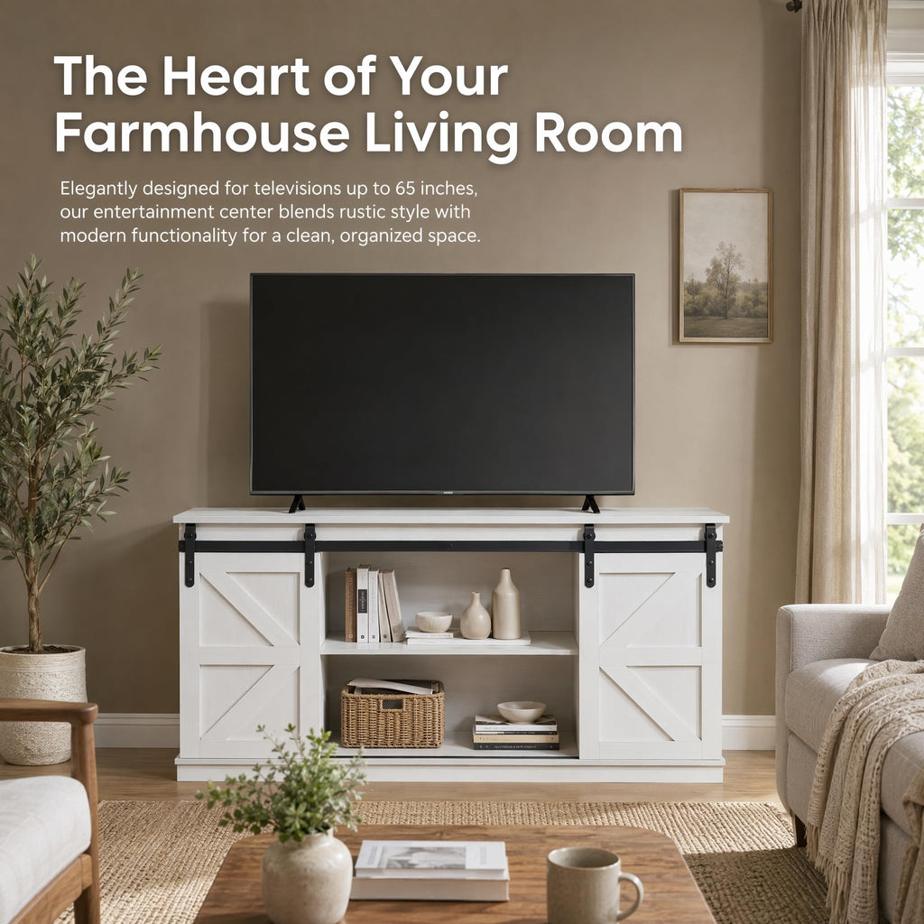 White TV Stand with Sliding Barn Doors J516