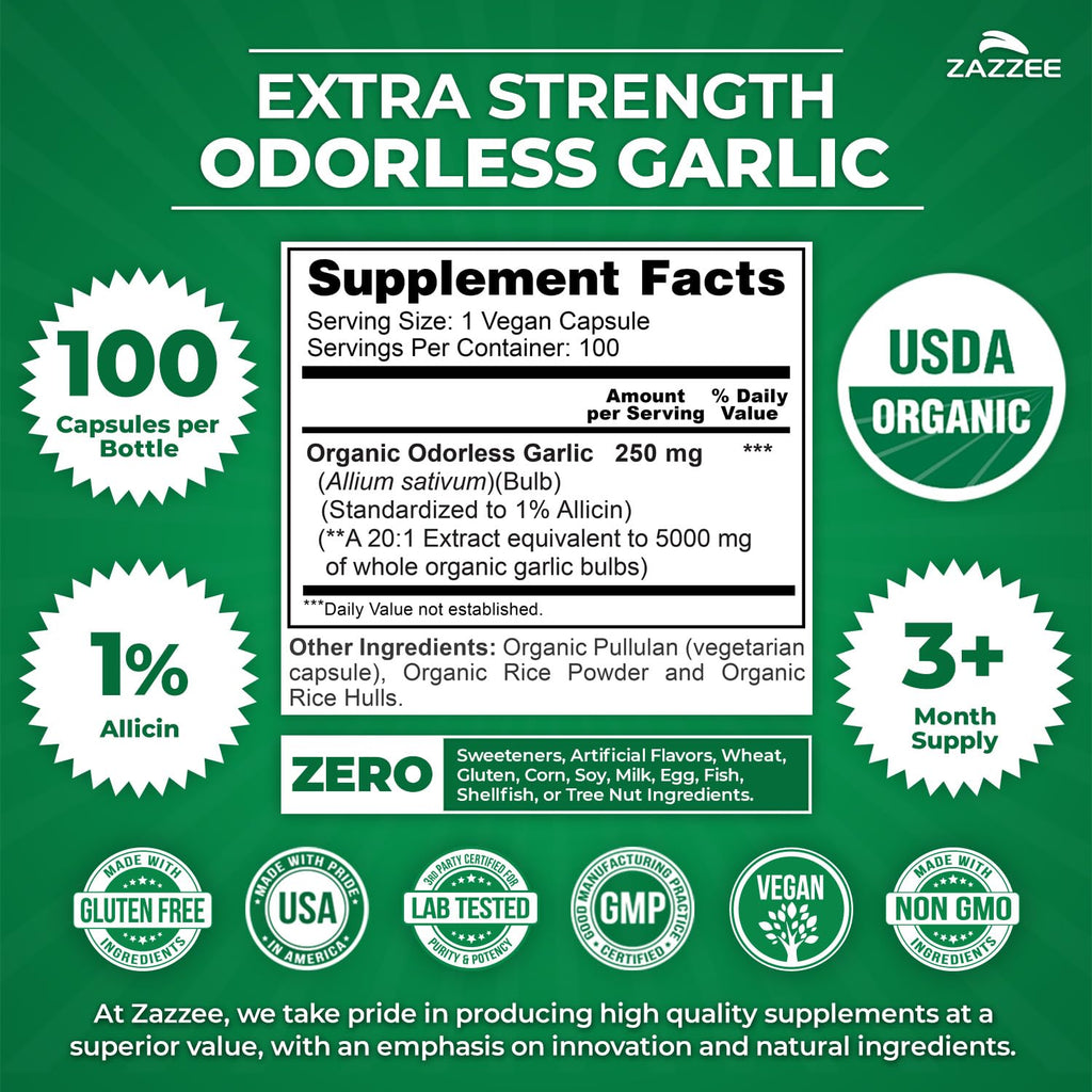 USDA Organic Odorless Garlic 20:1 Extract 100 Capsules R818377