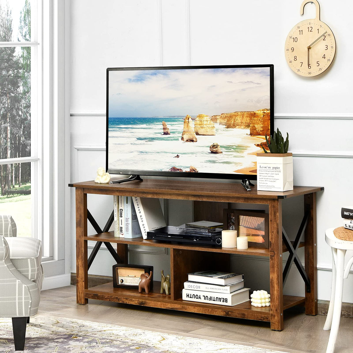 Brown 3 Tier Wood TV Stand with Open Shelves E414
