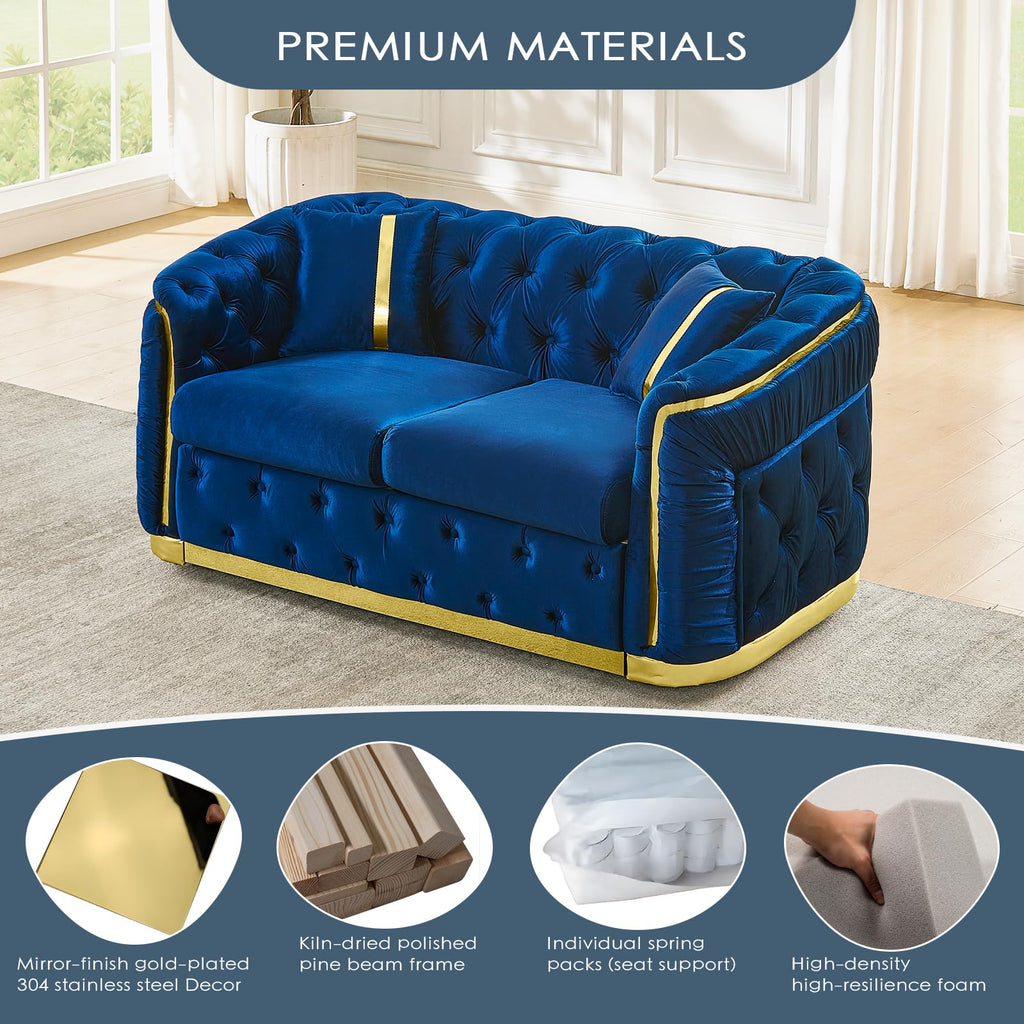 Blue and Gold Velvet Button Tufted Loveseat Sofa T813