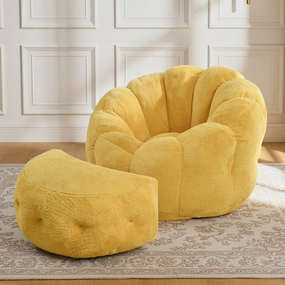 Yellow Faux Fur Bean Bag Chair with Ottoman Y69550