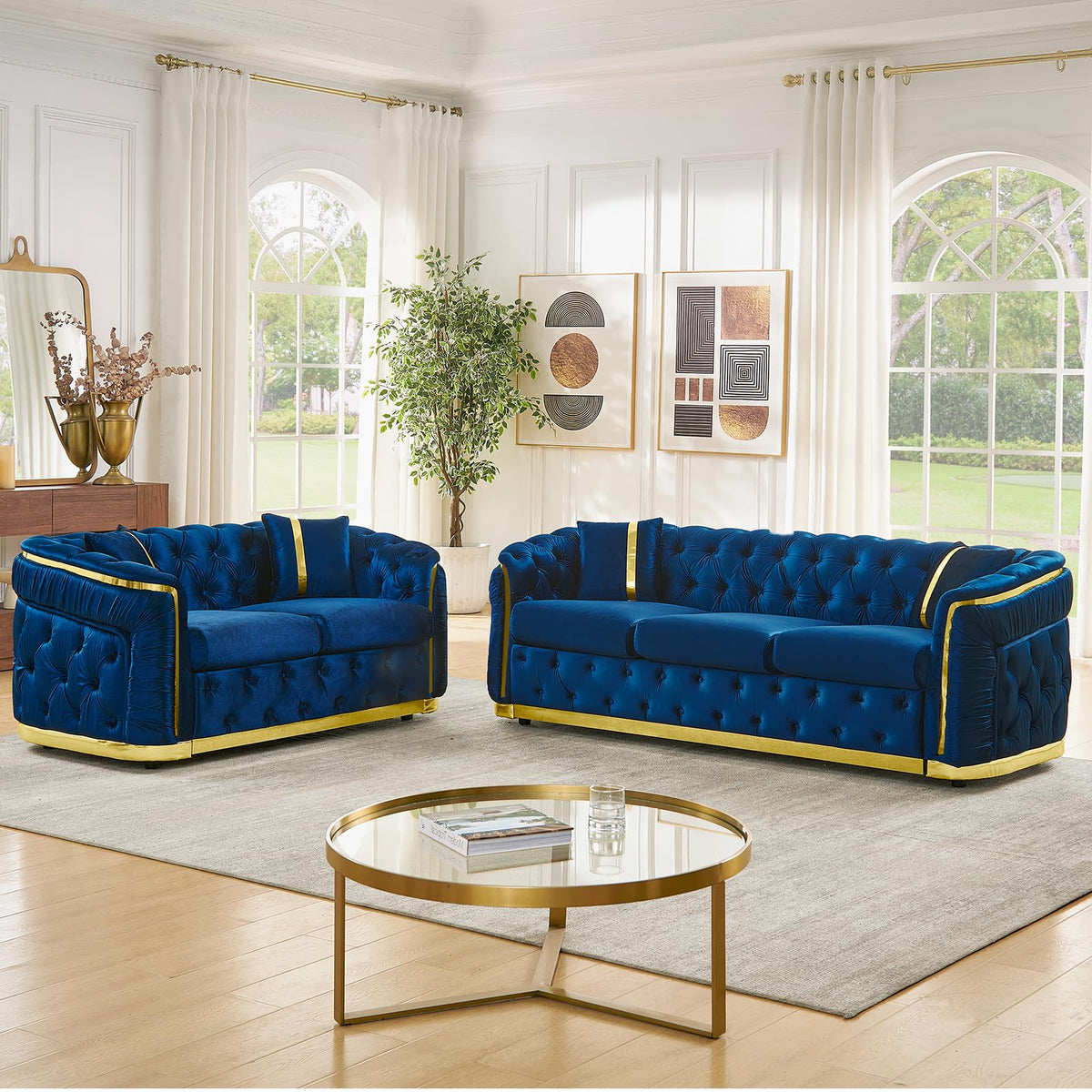 Blue and Gold Velvet Button Tufted Loveseat Sofa T813