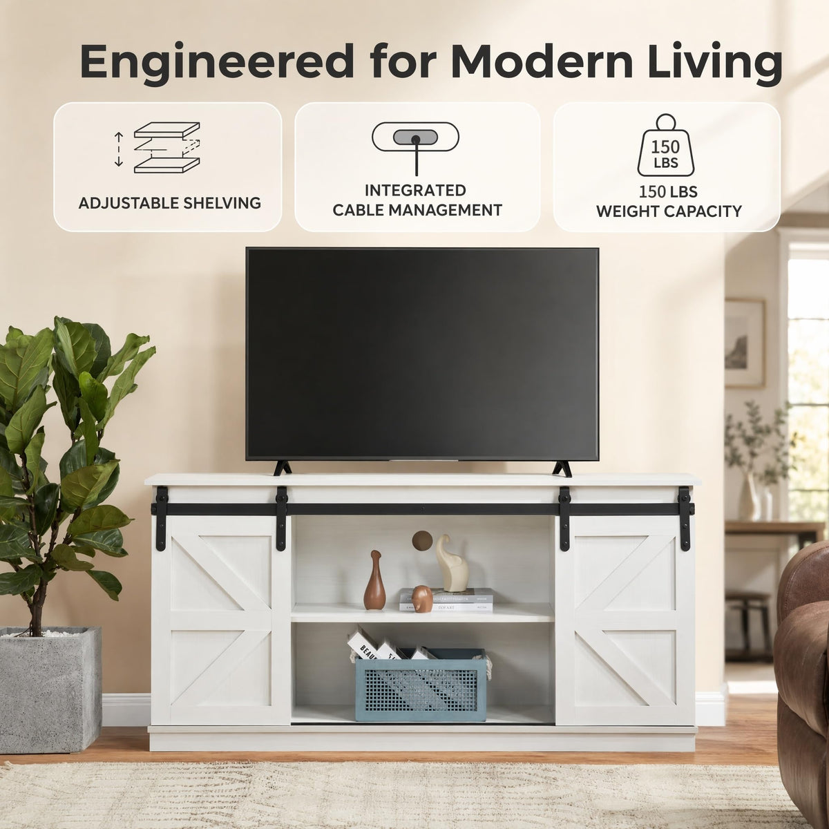 White TV Stand with Sliding Barn Doors J516
