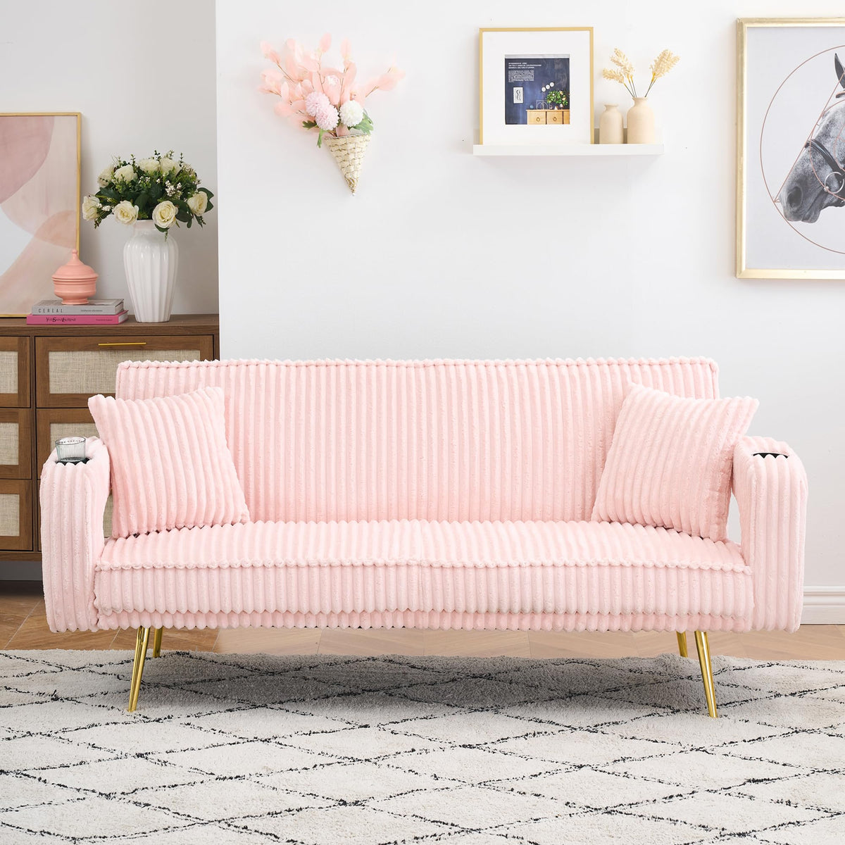 74" Pink Corduroy Convertible Sofa Bed with Cup Holder W596822