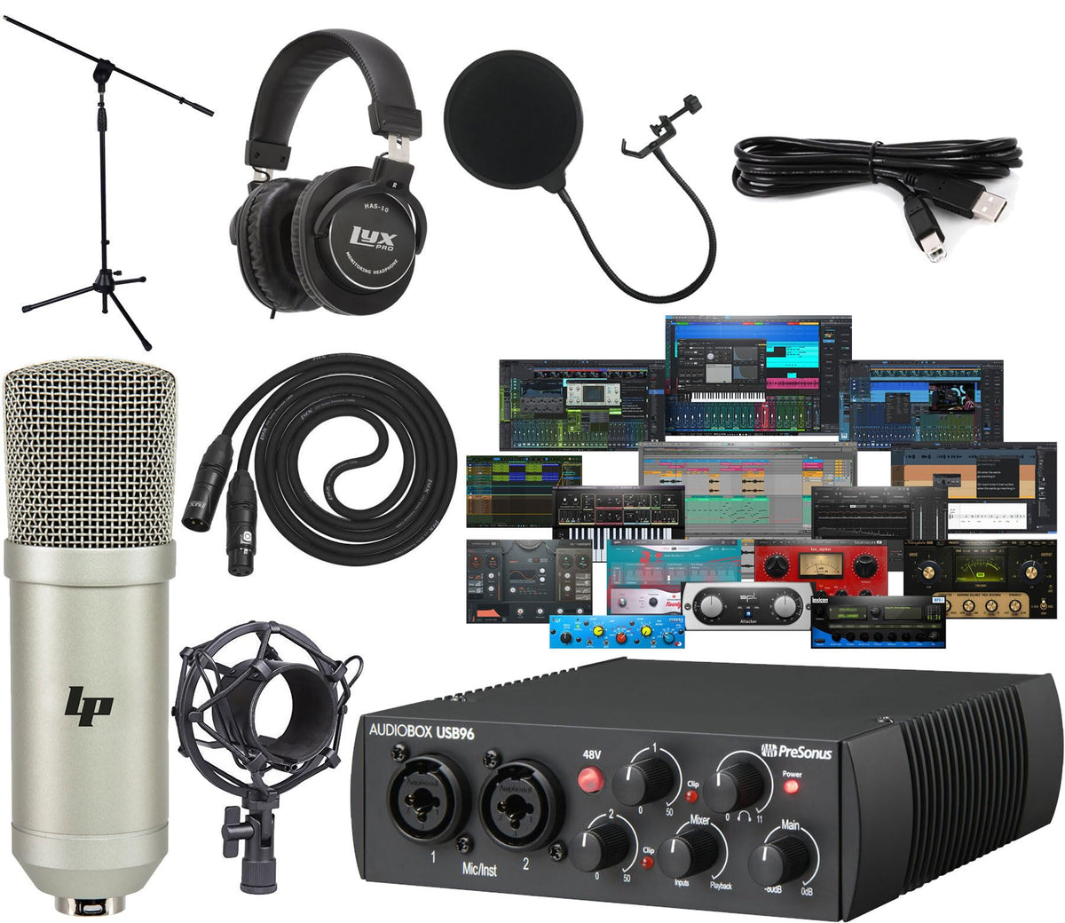USB Audio MIDI Interface Recording Bundle with Condenser Microphone and Headphones I1093