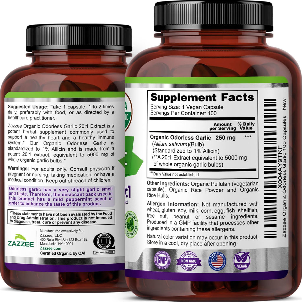 USDA Organic Odorless Garlic 20:1 Extract 100 Capsules R818377