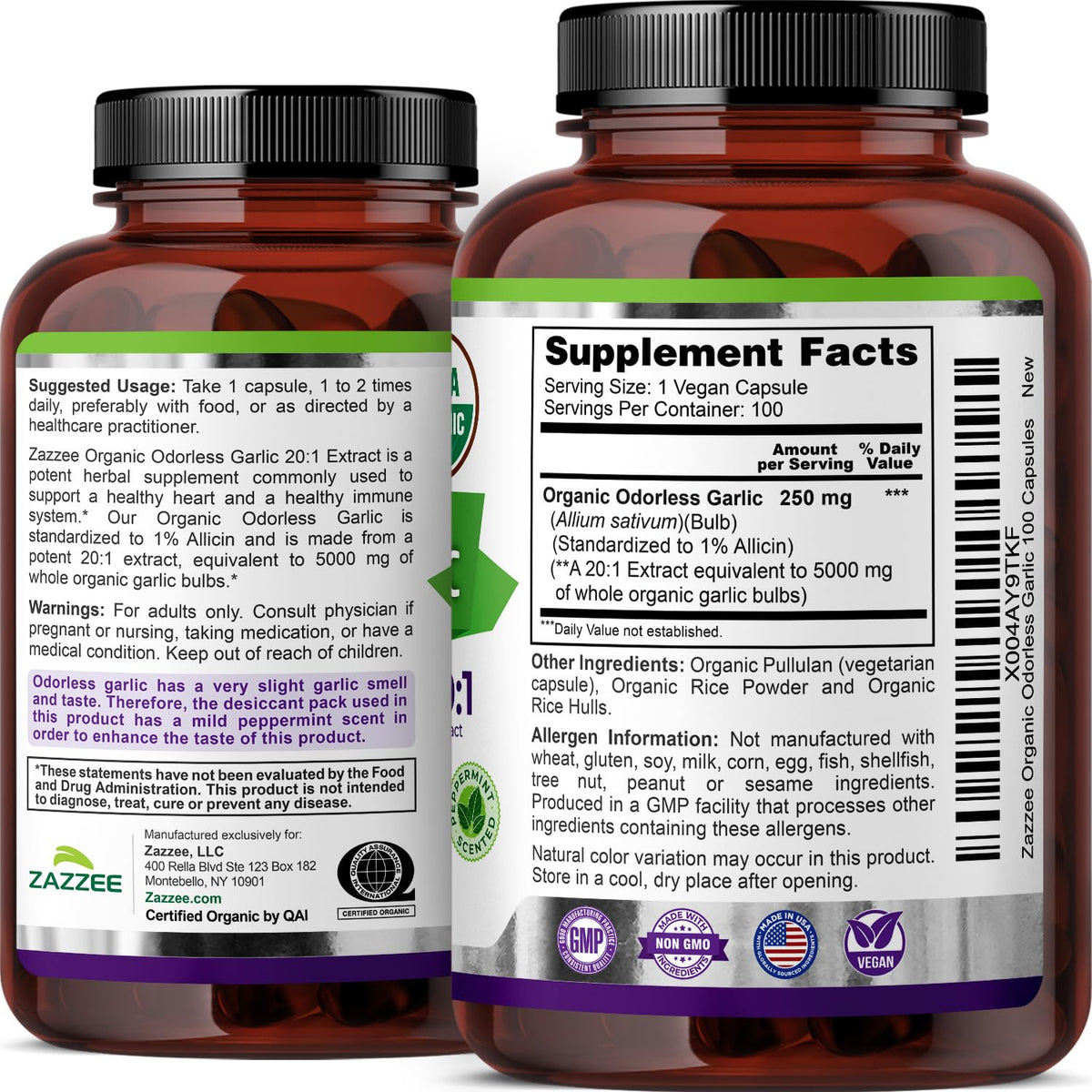 USDA Organic Odorless Garlic 20:1 Extract 100 Capsules R818377