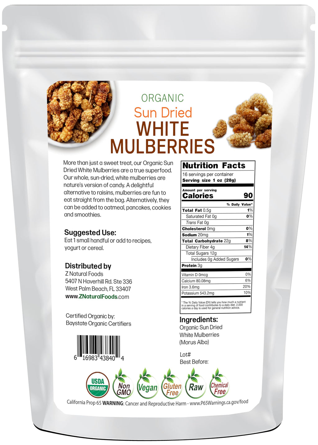 Organic White Mulberries Sun Dried 1 lb K662