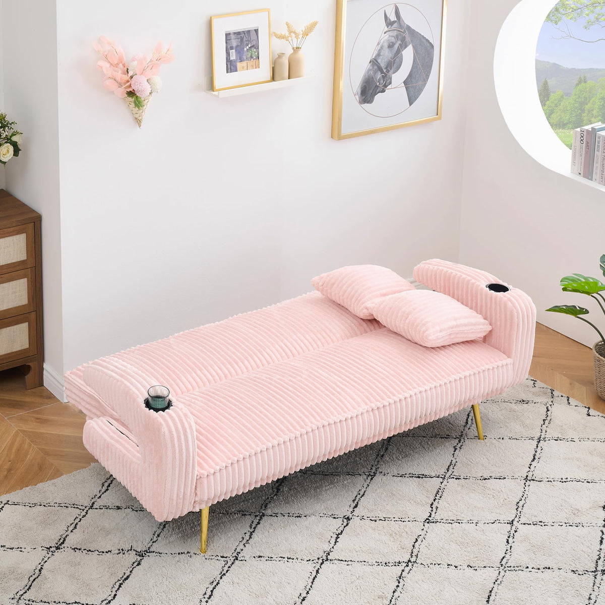 74" Pink Corduroy Convertible Sofa Bed with Cup Holder W596822
