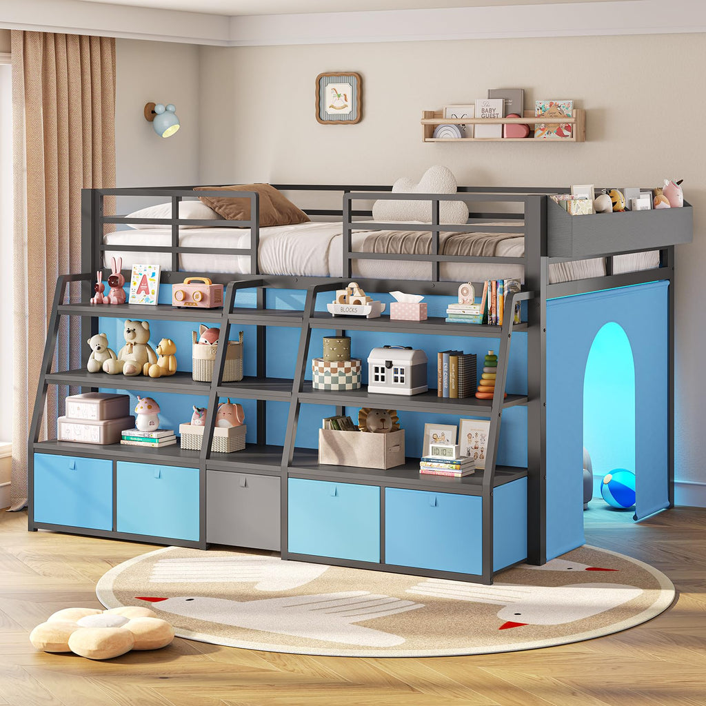 Twin Size Grey Low Loft Bed with 5 Drawers Z315
